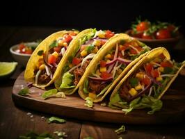 ai généré délicieux mexicain tacos avec Viande et des légumes. traditionnel nourriture, Latin Américain, mexicain cuisine. photoréaliste, Contexte avec bokeh effet. ai généré. photo