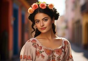 ai généré Latin Américain, mexicain fille dans une nationale costume sur le rue de une Latin américain ville sur ensoleillé journée. nationale festival. photoréaliste, Contexte avec bokeh effet. ai généré. photo