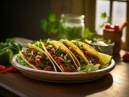 ai généré délicieux mexicain tacos avec Viande et des légumes. traditionnel nourriture, Latin Américain, mexicain cuisine. photoréaliste, Contexte avec bokeh effet. ai généré. photo