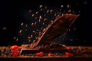 ai généré oiseau et pièce de foncé Chocolat sur cacao poudre. neural réseau ai généré photo