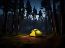 ai généré nuit vue de camping tente avec forêt photo