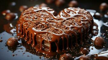 ai généré délicieux sucré magnifique Chocolat gâteau dessert dans le forme de une cœur cadeau pour la Saint-Valentin journée photo