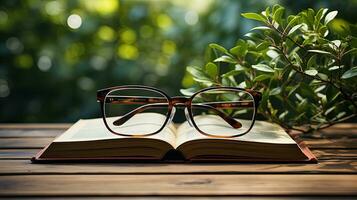 ai généré des lunettes pour en train de lire livres sur une table contre une Contexte de vert Naturel feuilles sur une Naturel Contexte ai généré image photo