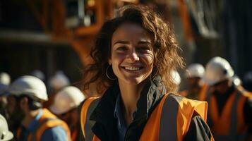 ai généré femme ouvrier dans Orange gilet uniforme à travail sur un industriel construction site ai généré image photo