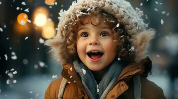 ai généré peu content garçon enfant dans une chaud chapeau sourit et se réjouit dans hiver et neige et Nouveau années Noël miracle et beauté ai généré image photo