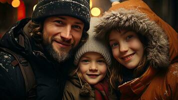 ai généré content famille Célibataire père et les enfants dans chaud Chapeaux sourire et réjouir à hiver et neige et Nouveau années Noël miracle et beauté ai généré image photo