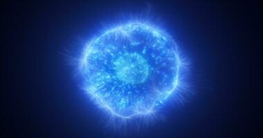 abstrait bleu énergie embrasé numérique sphère atome fabriqué de iridescent énergie de en mouvement électrique plasma liquide sur noir Contexte photo