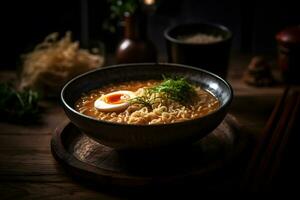 ai généré Japonais ramen soupe avec poulet, œuf, ciboulette et germer sur foncé en bois. neural réseau ai généré photo