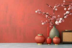 chinois Nouveau année Contexte avec traditionnel lanternes, Sakura fleurs et copie espace. lunaire Nouveau année concept par ai généré photo