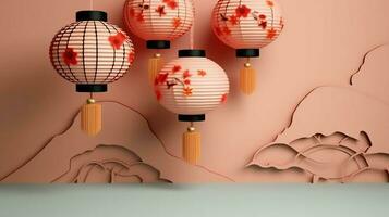 chinois Nouveau année Contexte avec traditionnel lanternes, Sakura fleurs et copie espace. lunaire Nouveau année concept par ai généré photo