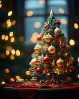 ai généré Noël arbre magnifiquement décoré avec de fête ornements photo