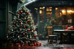 ai généré mettant en valeur une Noël arbre somptueusement décoré avec de fête ornements photo