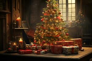 ai généré mettant en valeur une Noël arbre somptueusement décoré avec de fête ornements photo