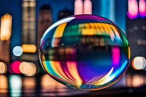 ai généré une coloré bulle avec ville lumières dans le Contexte photo