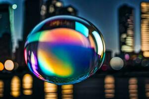 ai généré une coloré bulle avec une ville horizon dans le Contexte photo