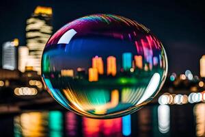 ai généré une coloré bulle avec ville lumières dans le Contexte photo