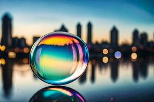 ai généré une coloré bulle avec une ville horizon dans le Contexte photo