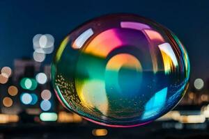 ai généré une coloré savon bulle dans de face de une ville horizon photo