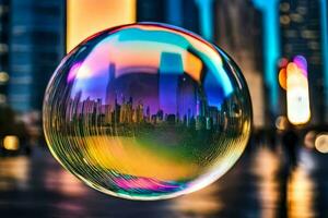 ai généré une coloré bulle avec une ville dans le Contexte photo