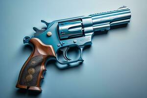 ai généré revolver pistolet sur une bleu Contexte. génératif ai photo