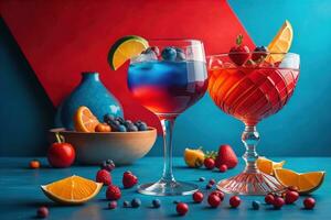 ai généré des lunettes de Sangria avec des fruits et baies sur solide Couleur Contexte. ai génératif photo