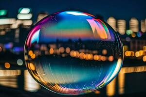 ai généré une coloré bulle avec ville lumières dans le Contexte photo