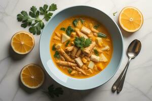 ai généré bol de délicieux poulet soupe sur blanc marbre tableau, Haut voir. génératif ai photo