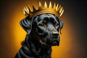 ai généré portrait de une mignonne chien dans une d'or couronne sur une solide Couleur Contexte. ai génératif photo