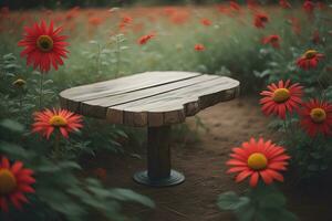 ai généré en bois table dans le champ avec rouge marguerites, ancien style. génératif ai photo