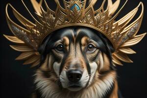 ai généré portrait de une mignonne chien dans une d'or couronne sur une solide Couleur Contexte. ai génératif photo