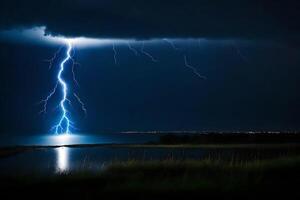 ai généré foudre grèves plus de le l'eau dans le foncé ciel photo