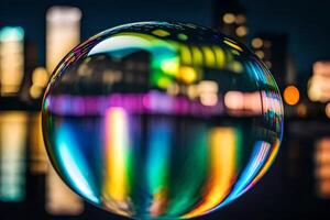 ai généré une coloré bulle avec ville lumières dans le Contexte photo