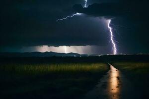 ai généré foudre plus de une route dans le milieu de une champ photo