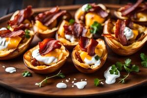 ai généré Bacon et des œufs dans Patate tasses sur une en bois planche photo