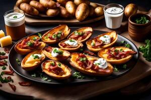 ai généré Bacon et fromage farci patates sur une noir assiette photo