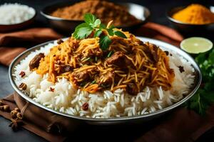 ai généré Indien nourriture avec riz et Viande dans une bol photo