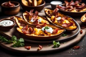 ai généré cuit patates avec Bacon et fromage photo