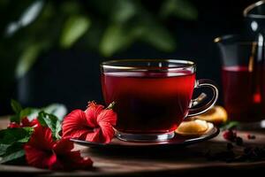ai généré une tasse de thé avec hibiscus fleurs et feuilles photo