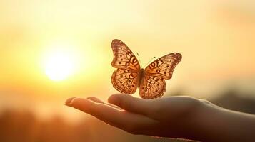 ai généré papillon sur le main de une femme pendant le coucher du soleil photo