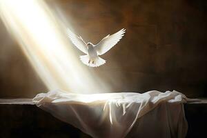 ai généré résurrection de Jésus Christ concept. blanc oiseau, envelopper et crucifixion à lever du soleil photo