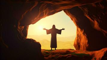 ai généré résurrection de Jésus à vide tombeau à lever du soleil photo