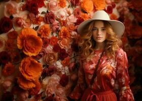 ai généré femme dans chapeau et rose robe pose près fleurs. photo