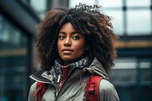 ai généré beauté portrait de africain américain fille avec clair en bonne santé peau. photo