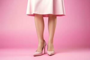 ai généré fermer vue de aux femmes jambes sur rose Contexte. photo