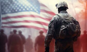 ai généré militaire homme contre le toile de fond de le américain drapeau, anciens combattants journée. photo