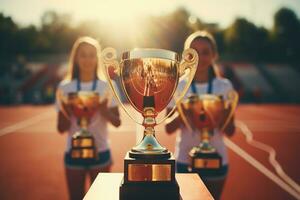 ai généré or tasse à le gagnant de le compétition sur le podium à le stade. des sports concept. généré par artificiel intelligence photo