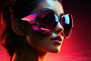 ai généré disco style fille. Années 80 style affiche avec une fille dans des lunettes de soleil dans néon lumière. généré par artificiel intelligence photo