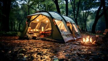 ai généré camping dans le forêt. camping tente dans le forêt. photo