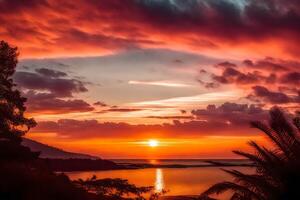 ai généré le Soleil ensembles plus de le océan et une plage photo