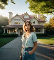 attrayant Jeune femme dans blanc chemise à la recherche à caméra tandis que permanent posant Extérieur près le maison. photo